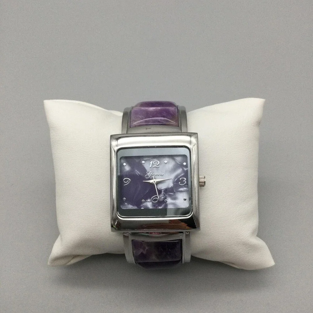 Geneva Womens Watch 31mm Silver Tone Purple MOP Square Dial Bangle Open Cuff